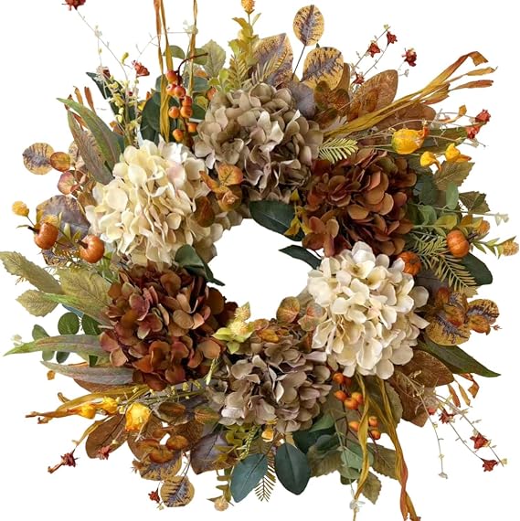 WANNA-CUL 24 Inch Fall Wreaths for Front Door with Hydrangea,Mini Pumpkins | Twig Base Rustic Autumn Wreath,Thanksgiving Farmhouse Decor, Fall Decorations For Home, Indoor Outdoor Halloween Harvest Gift