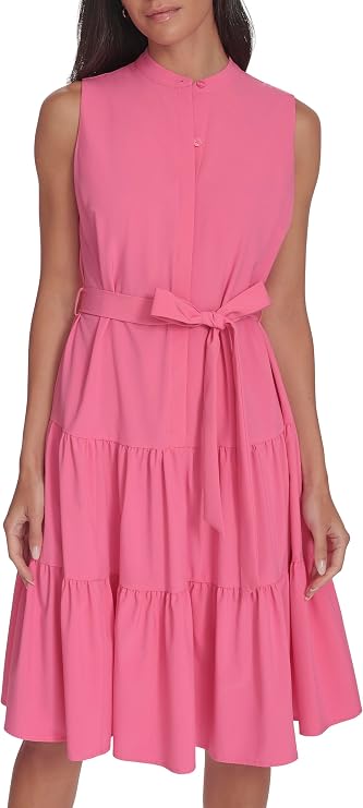 Calvin Klein Women's Sleeveless High Neck Button from Belted Tiered Mini Dress