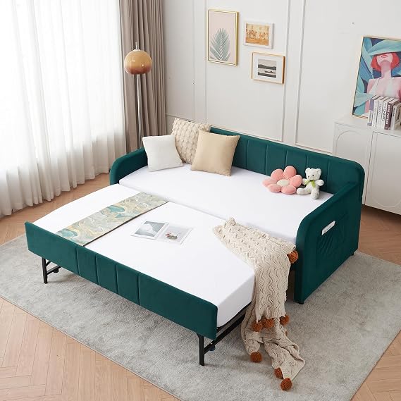 Twin to King Daybed with Trundle, USB Ports, Velvet Upholstered Daybed with Pop Up Trundle Bed, Modern Extendable Day Bed Frame for Kid Adult Bedroom Living Room Guest Room Small Places Emerald
