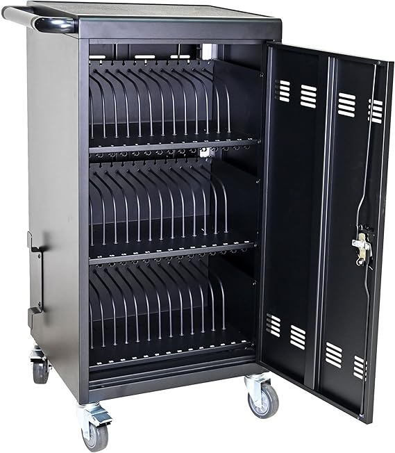 45 Device Charging Cart, Laptop And Tablet Storage Cart, Can Accommodate 17 Inches, Charging Cabinet Equipped With Power Cord Management, Transformer Management Box, Front And Rear Door Locks. Black