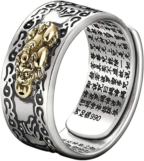 990 Silver Feng Shui PiXiu Adjustable Ring MANI Mantra Protection Wealth Ring