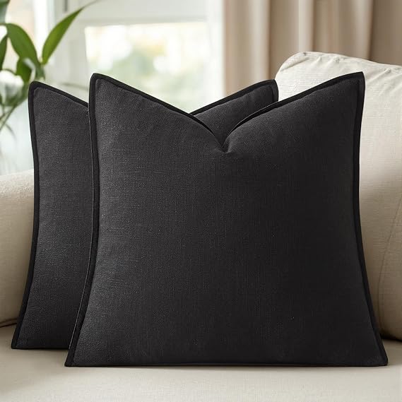 Set of 2 Linen Solid Euro Throw Pillow Covers 24x24 Inch, Black | Decorative Boho Accent Farmhouse Couch Pillowcases, Modern Neutral Home Decor, for Couch Sofa Living Room Bed