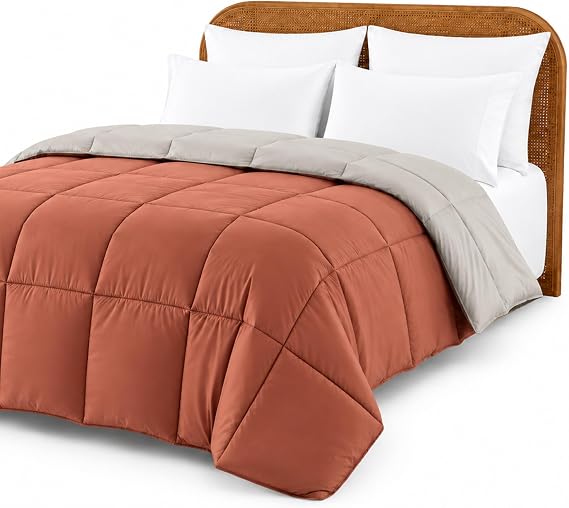 Modern Threads Comforter Duvet Insert, Reversible Quilted Down Alternative Comforter with Corner Tabs, All Season Bedding, King, Orange Rust/Beige
