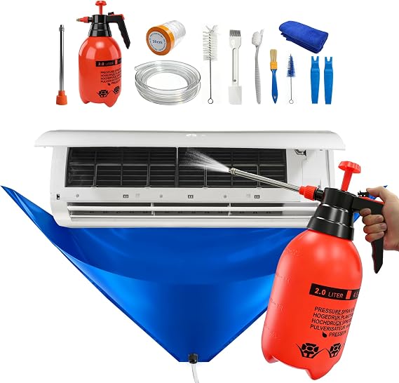 13PCS Mini Split Cleaning Kit with 2L High Pressure Sprayer | Deep Cleaning Air Conditioner Professional AC Cleaning Kit With Waterproof PVC Cleaning Cover & Drain Hose, Large