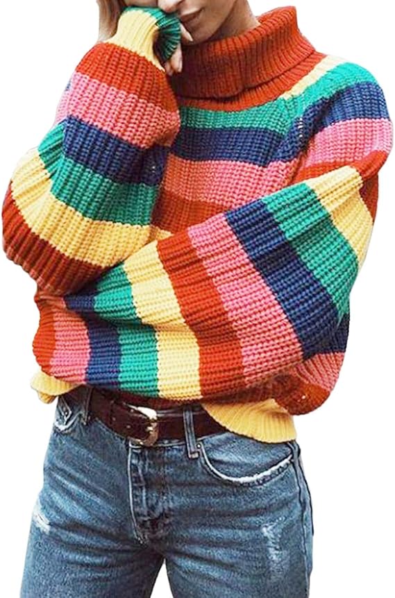 iticat Women Rainbow Sweater Chunky Colorful Striped Turtleneck Pullover