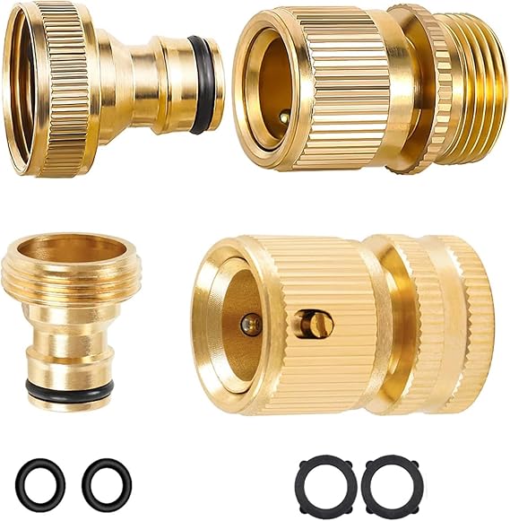 Brass Garden Hose Tap Connector, 3/4 inch Expandable Garden Hose Male and Female Adaptors Connector, Hose End Connector Quick Connect Tap and Spray (4 Pcs)