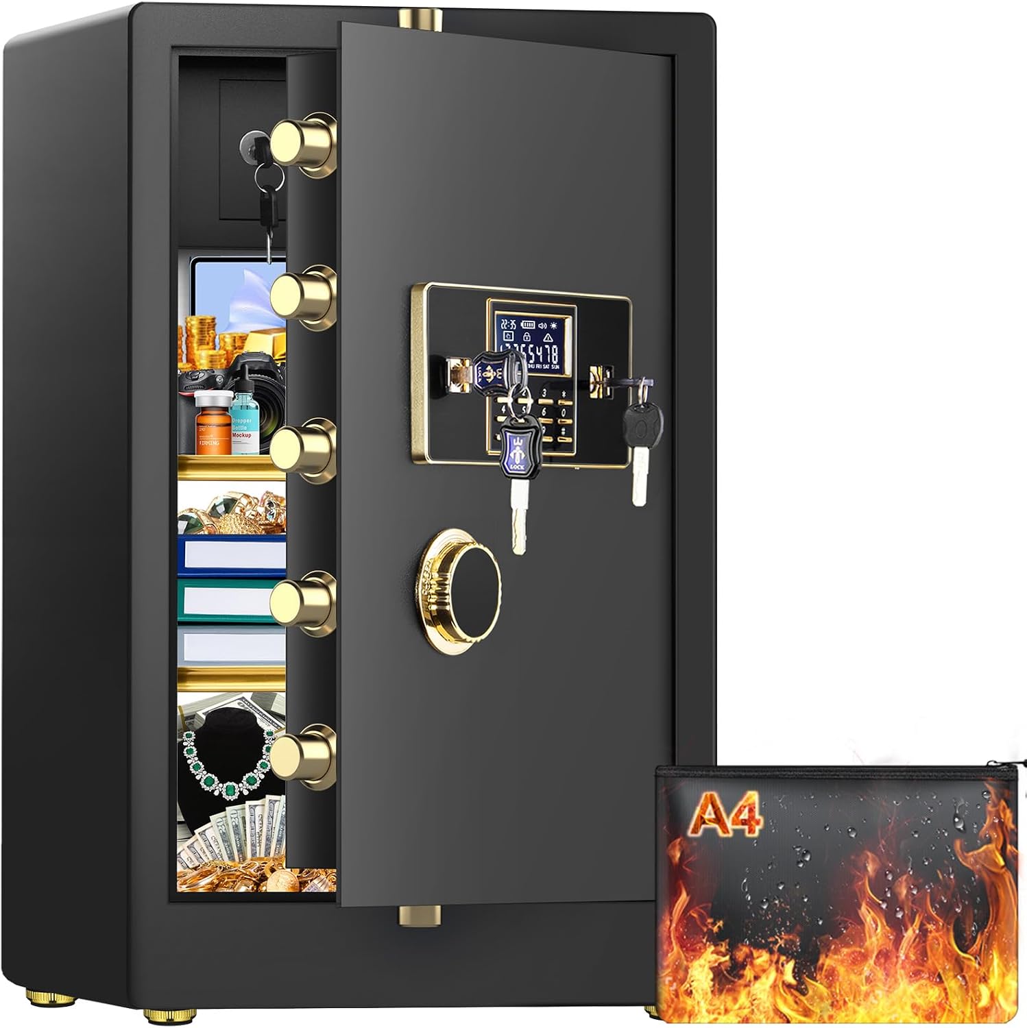 8.5 Cub Large Heavy Duty Fireproof Safe Box, Home Safes Water Fireproof, Digital Safe with Bottom Hidden Box, Alert System and Mute Function, Document Safes for Home Business