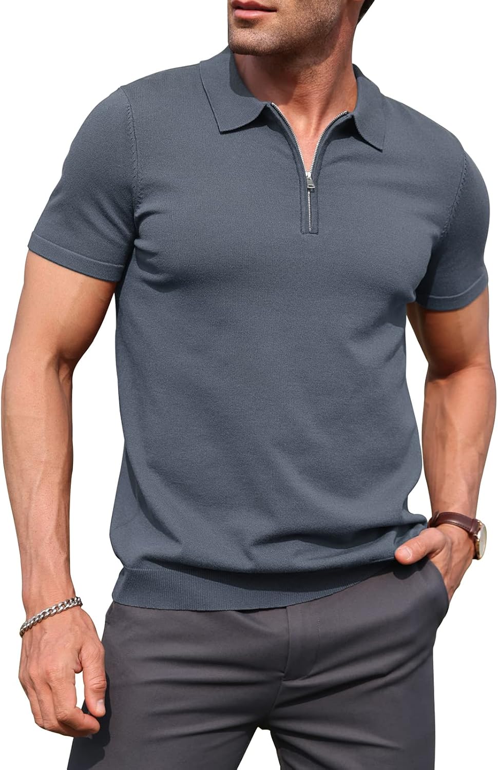 RQP Mens Zipper Polo Shirts Knit Casual Shirts ShortLong Sleeve,Stretch Slim Fit Golf Shirts,Soft Pullover