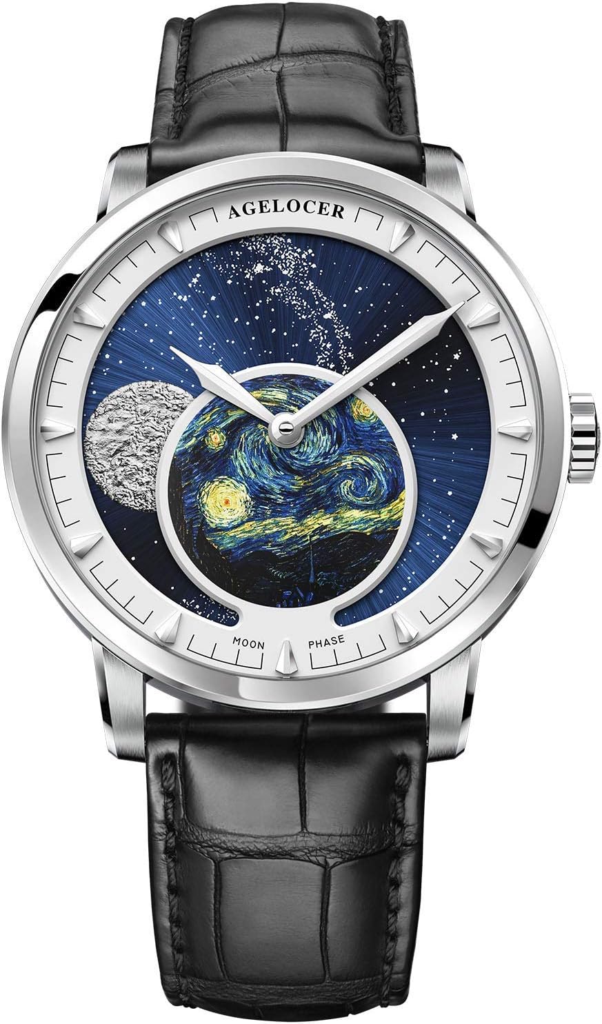 Agelocer Mens Top Brand Genuine Blue Moon Phase Mechanical Masculine Fashion Luxury Wrist Watch 6401A1 Silver New