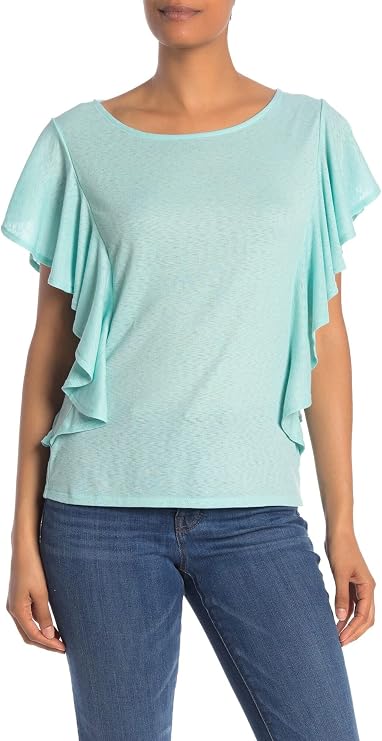 RACHEL Rachel Roy Womens Greta Ruffled Scoop Neck T-Shirt Blue M