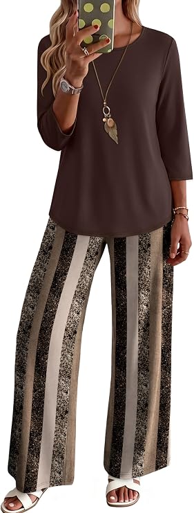 WIHOLL Two Piece Sets for Women Lounge 3/4 Length Sleeve Womens Tops Graphic Pants with Pockets Summer Outfits 2026