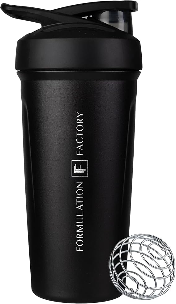Formulation Factory Shaker Cup Insulated Stainless Steel Water Bottle with Wire Whisk, 25-Ounce, Black