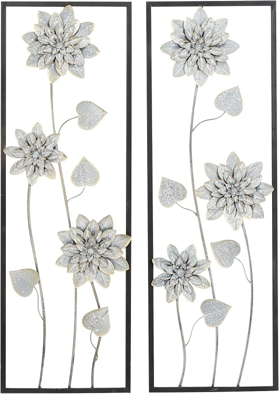 Deco 79 Metal Floral Home Wall Decor Wall Sculpture with Black Frame, Set of 2 Wall Art 12"W, 36"H, Gray