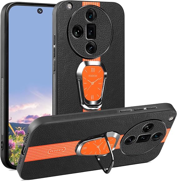Phone Case for Oppo Find X7 Ultra Black Leather Silicone Cover with Metal Ring Stand, Slim Soft Magnetic Shockproof Protective Cover for Women Men, Classy Luxury (Orange)