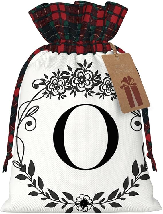 UIANG Floral Initial,Reusable Burlap Gift Bags with Drawstring,Letter O,Treat Bags Party Favor Bags Candy Goodies Food Storage Bags Gift Wrapping Package,Black White - M