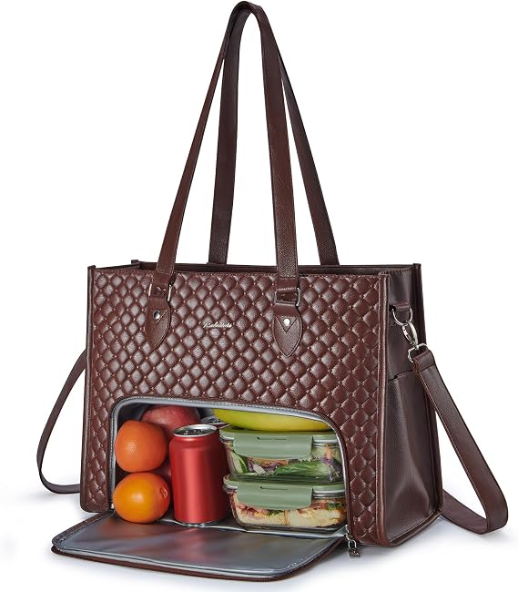 Ralnitote Laptop Tote Bag with Insulated Lunch Compartment for Women, PU Leather 15.6 Inch Work Bag, Elegant Computer Handbag, Versatile Business Tote for Office,Travel or Casual-Chocolate Brown