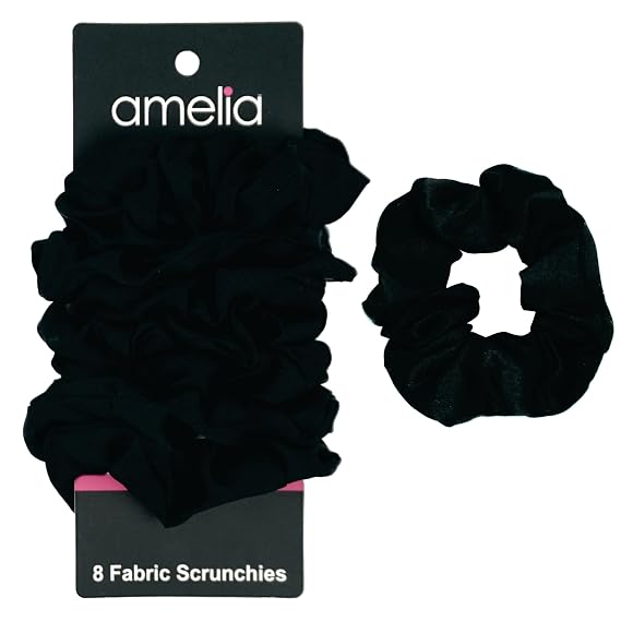 Amelia Beauty Products, 8 Pack Black Satin Scrunchies, 3.5 Inch Diameter Gentle on Hair, Strong Hold, No Snag, No Dent Hair Ties for All Hair Types