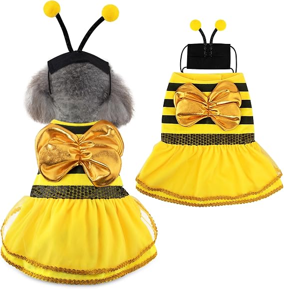 Bee Dog Costume, Bumblebee Dog Halloween Costumes for Small Medium Dogs, Pet Puppy Clothes Outfit Dress with Cap for Halloween Christmas Cosplay Parties Parade