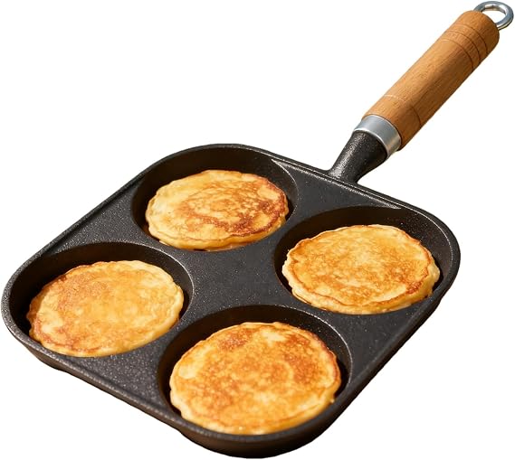 RIIPOO 4 Cup Egg Pan, Cast Iron Omelette Pancake Pan, Small Fast Breakfast Pan for Muffin Sandwich & Burger