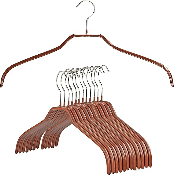 Mawa Clothing Hangers, Steel Hanger with Non-Slip Coating, for Shirts, Dresses, Camisoles, T-Shirts, 360-degree Rotatable Hook, Set of 12, Copper