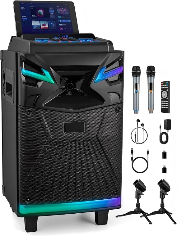 GTSK10-1 Karaoke Machine for Adults with USB-C Audio Interface, Portable PA System Bluetooth Party Speaker with 2 Wireless Mics for Live Streaming, Digital Voice Recording,Guitar Input,Wheels & Lights