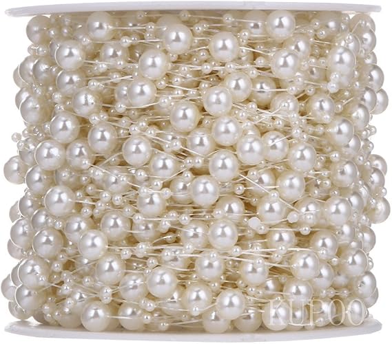 KUPOO 200feet Roll Pearls Beads DIY Party Garland Wedding Centerpieces Bridal Bouquet Crafts Decoration (8+3mm Pearls- Ivroy)