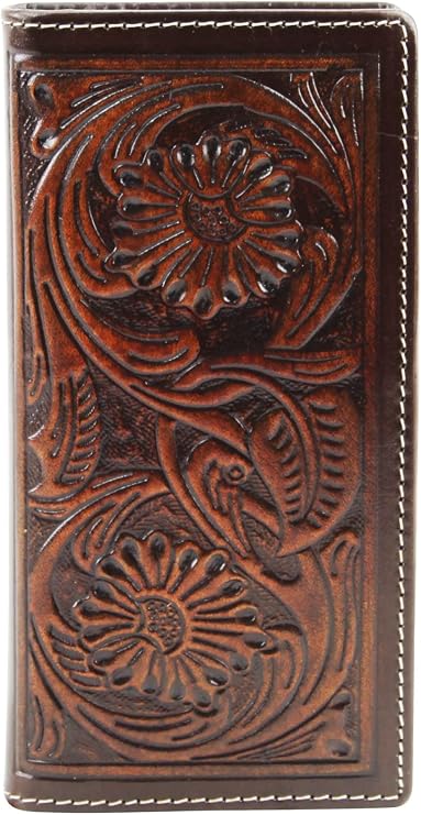 American Bison Arrigo Floral Design RFID Rodeo Wallet for Men Hand-Tooled Cowhide Leather Wallet with Gift Box (Dark Brown)