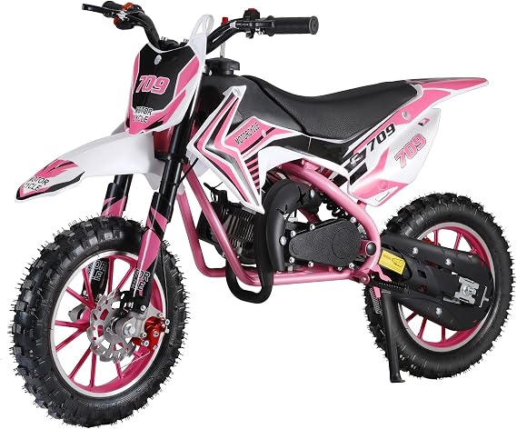 Mini Dirt Bike Gas Powered Dirt Bike for Adult & Kids Dirt Bike 49cc Dirt Bike Mini Bike Gas Powered Off-Road Motorcycle with Front Rear Disc Brake, Up to 30KM/H Pink