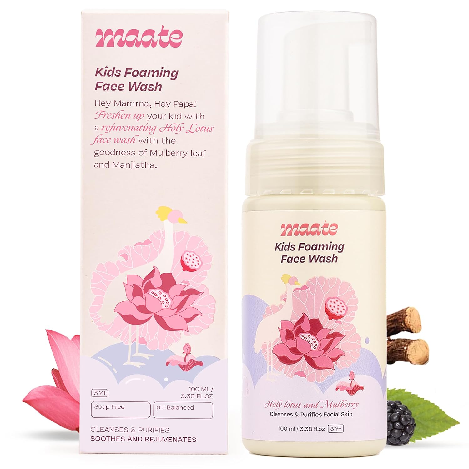 MAATE Kids Foaming Face Wash 100 ml | With Ayurvedic Herbs Holy Lotus & Mulberry | Cleanses & Purifies Facial Skin | Baby Face Wash 3-12 Years | Nourish All Skin Type, pH Balanced