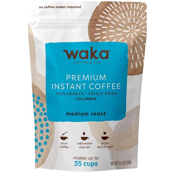 Waka Premium Instant Coffee, Colombian Medium Roast, 3.5 oz | 100% Single-Origin Arabica, Freeze-Dried Granules, Kosher, Makes up to 35 Hot or Iced Cups