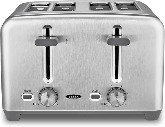 BELLA 4 Slice Toaster with Auto Shut Off - Extra Wide Slots and Removable Drop-Down Crumb Tray with Cancel and Reheat Function - For Texas Toast, Large Bread & Bagel, Stainless Steel