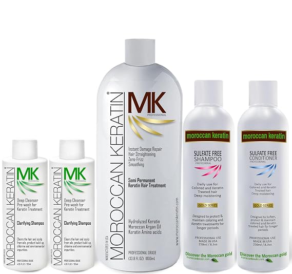 Improved Moroccan Keratin Gold-Series XL Set with 1000ml Brazilian Keratin Hair Treatment with Argan Oil Shiny Smooth Straight Hair Remove Frizz
