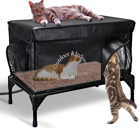 Heated Cat House for Outside Cat in Winter, Insulated Outdoor Feral Cat Shelter with Cat Heating Pad, 2 Doors,Elevated Waterproof Heated Kitty House (Black, 25"x13.7"x18")