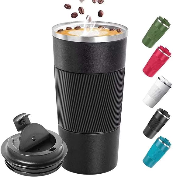 Coffee Cup, Vacuum Reusable Leakproof Double Wall Coffee Cup, Insulation Stainless Steel Eco-Friendly Travel Office Mug for Hot Coffee Tea and Cold Drinks, 17oz/510ml, Black