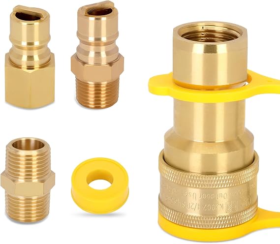 1/2" Natural Gas Quick Connect Kit 100% Solid Brass with Dust Cover 4pcs | Fits 1/2 in low-pressure natural gas or LP systems for grills, heaters, generators, and RV fuel setups.