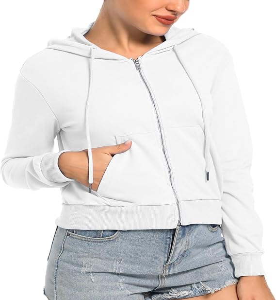 Women's Cropped Zip Up Hoodie Casual Long Sleeve Workout Hooded Sweatshirt