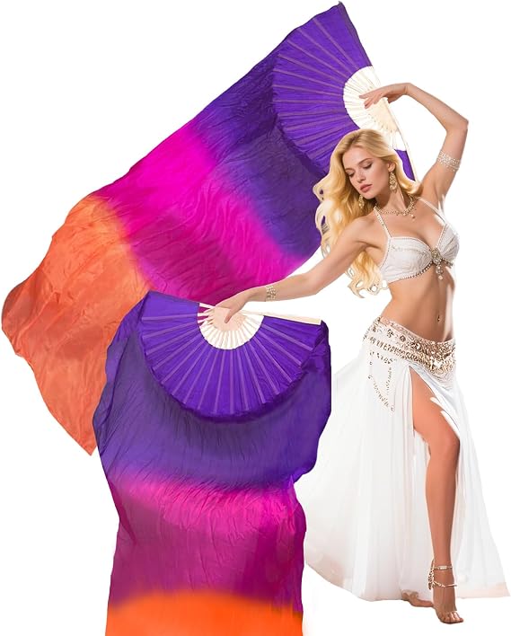 Professional Belly Dance Fans Veils Pair (Left+Right),180x90cm Faux Silk Fan Veils for Oriental Dance Performances Stage Shows