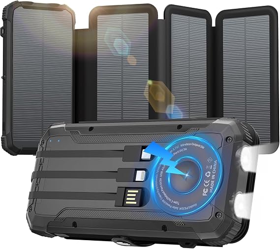 Solar Power Bank 20000 mAh Built-in 3 Cables Wireless Charger