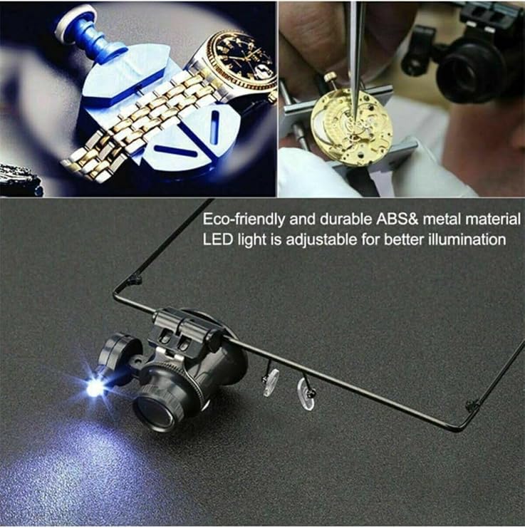 Işıklı Gözlük Büyüteç, 20x Büyütme, 3 LED Işık, Saatçi Kuyumcu Büyüteci