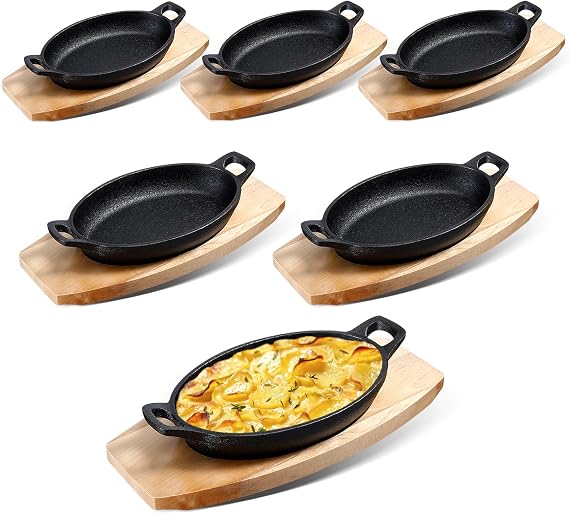 Mifoci 6 Pcs Mini Cast Iron Skillet with Wooden Base Small Cast Iron Fajita Plates Baker's Skillet Matte Black Pan Pot for Kitchen Restaurant Barbecue Dinner (8.7 x 4.7 x 1.6 Inches)