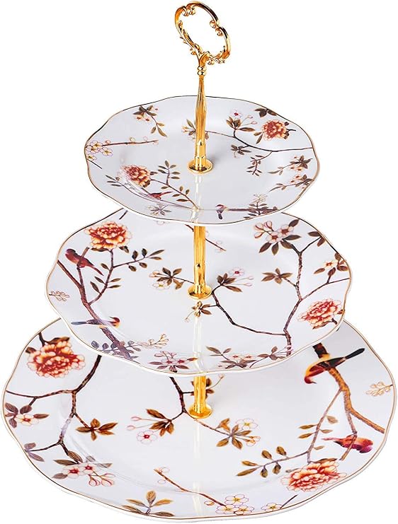 3 Tier Porcelain Cake Stand Dessert Display Stand(Brown Blue)