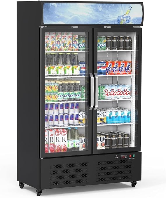 Commercial Refrigerator, Commercial Beverage Display Cabinet with LED Top Panel, 32-50F Adjustable, 25.3 Cu Ft Double Glass Door Merchandiser Fridge for Restaurant, Convenience Store, Black