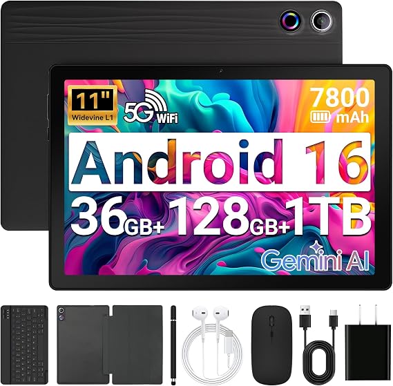 URAO Tablet,11" Android 16 Tablet Octa-core 36GB+128GB Gemini AI | 7800mAh Battery 1280 * 800 IPS FHD 5MP+8MP Camera Wi-Fi 6,BT 5.4 GMS Support 1TB Expansion with Keyboard Stylus Headphone