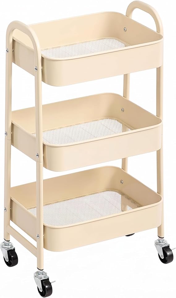 AGTEK 3 Tier Utility Rolling Cart with Lockable Wheels, Metal Multifunctional Storage, Organizer Cart for Kitchen, Office, Living Room, Makeup, Craft, Art Studio, Beige