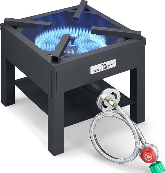 COOKAMP High Pressure Banjo 1-Burner Outdoor Propane Gas Cooker 260000 BTU with 0-30 PSI Adjustable Regulator and Steel Braided Hose For Outdoor Cooking Turkey Fry (BALCK) SA1750