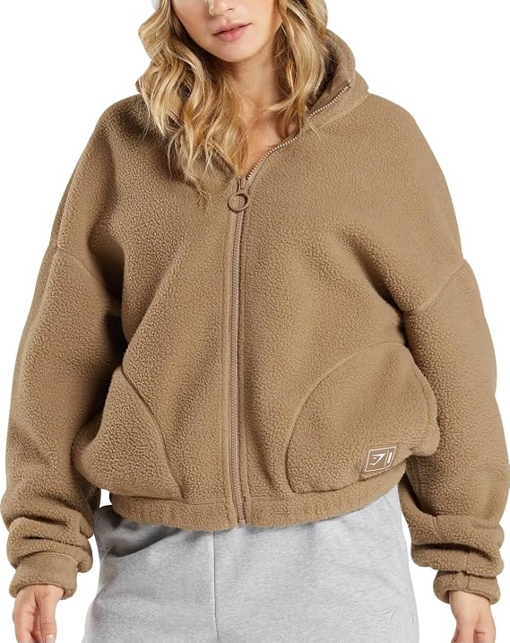 GYMSHARK Womens Sherpa Jacket Winter Clothing - Brown - S