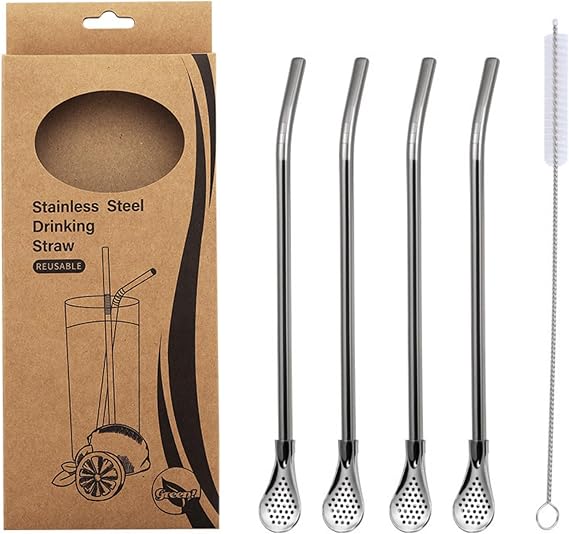 Stainless Steel Spoon Straw 4 Pack Reusable Filter Drinking Straw | Built-In Filter, Spoon Straw for Tea, Smoothie and Milk Tea.  with Cleaning Brush for Quick Daily Maintenance.