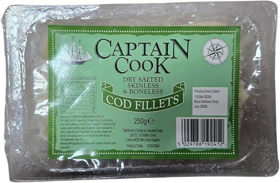 Captain Cook Dry Salted Skinless & Boneless Cod Fillets, 250g