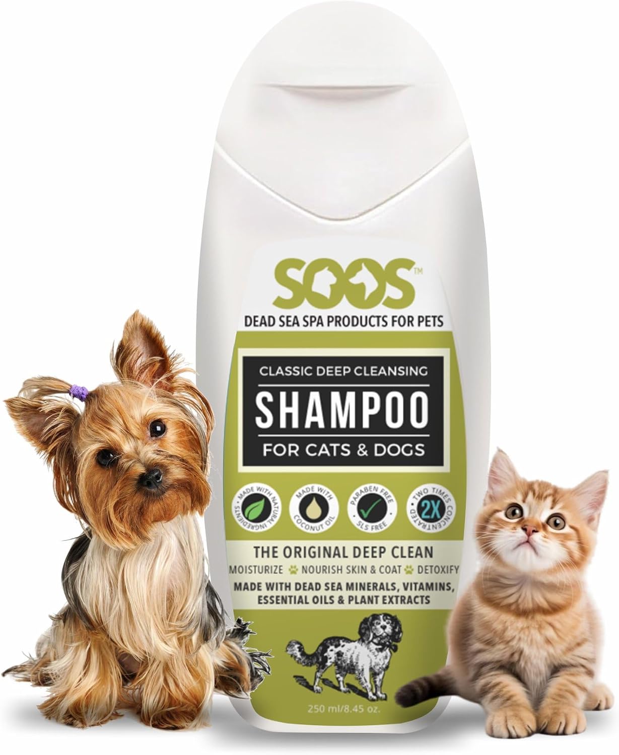Soos Pets Dog Shampoo for Cats and Pets Natural Dead Sea Classic Deep Cleansing Fast Absorbing Coat with Vitamins Minerals Essential Oils Natural Ingredients Antib-acterial - 1x Pet Shampoo 250ml