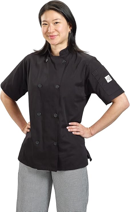 Mercer Culinary M60023BKL Millennia Women's Short Sleeve Cook Jacket with Traditional Buttons, Large, Black